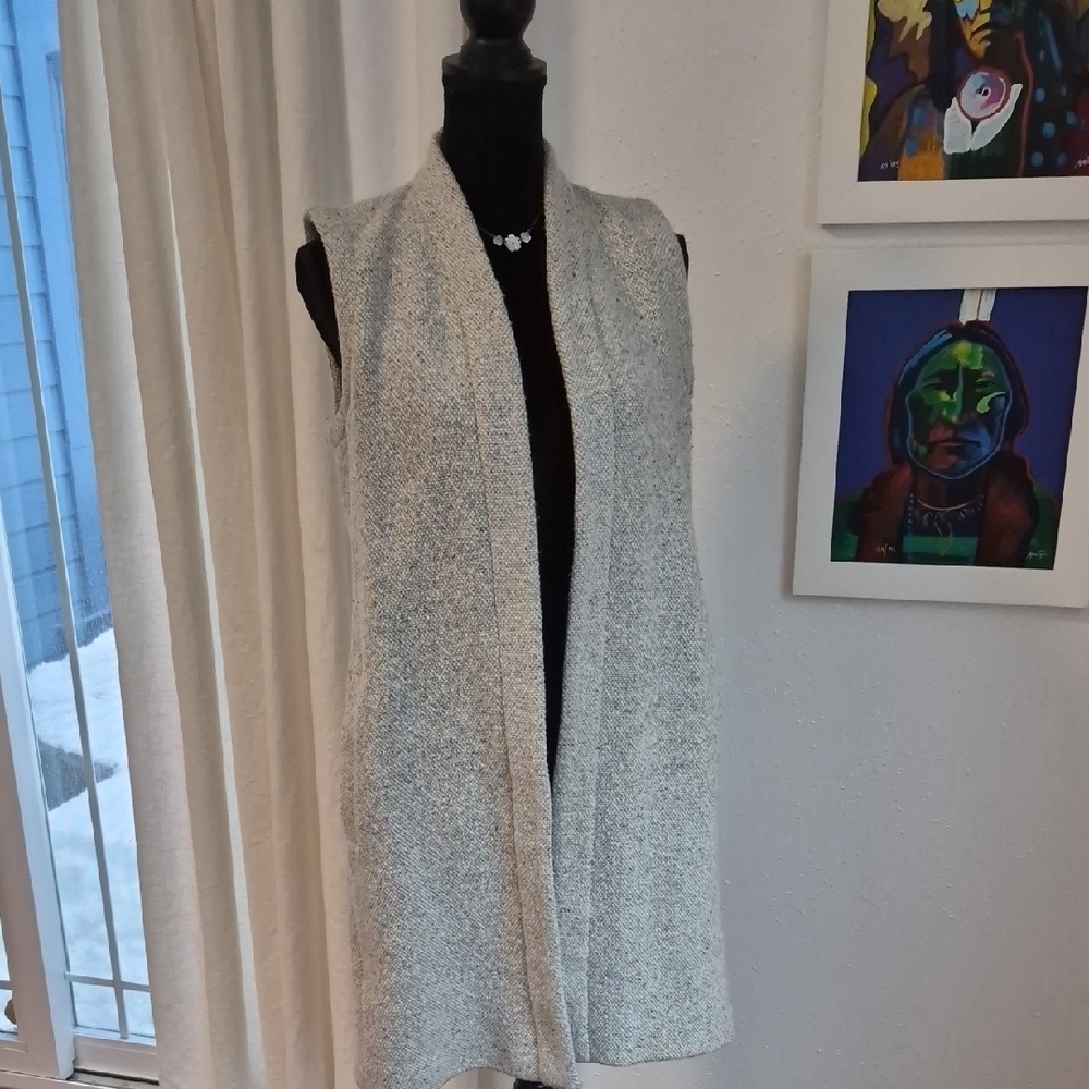 EILEEN FISHER Nubby Wool Open Front Sweater Vest Tunic Oatmea XS